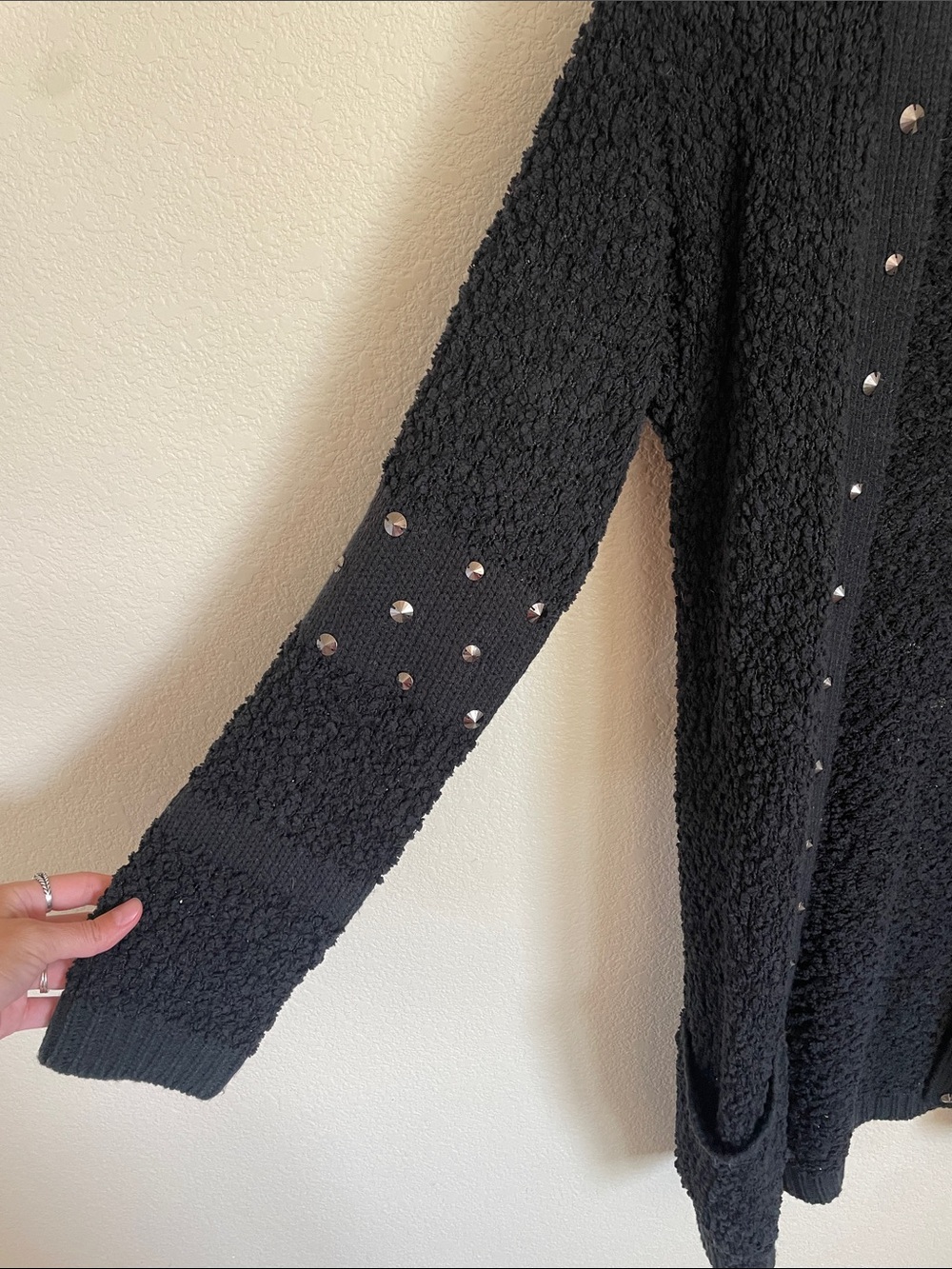 Foxiedox Black Studded Bouclé Open Cardigan Sweater M Goth Grunge Cozy Longline - Picture 6 of 10